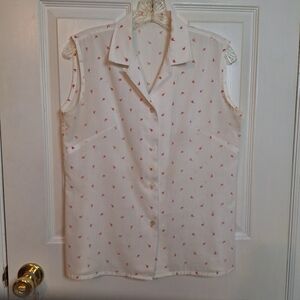 Vintage 80s White Red Sailboat Print Sleeveless Button Up Top Coastal Size L